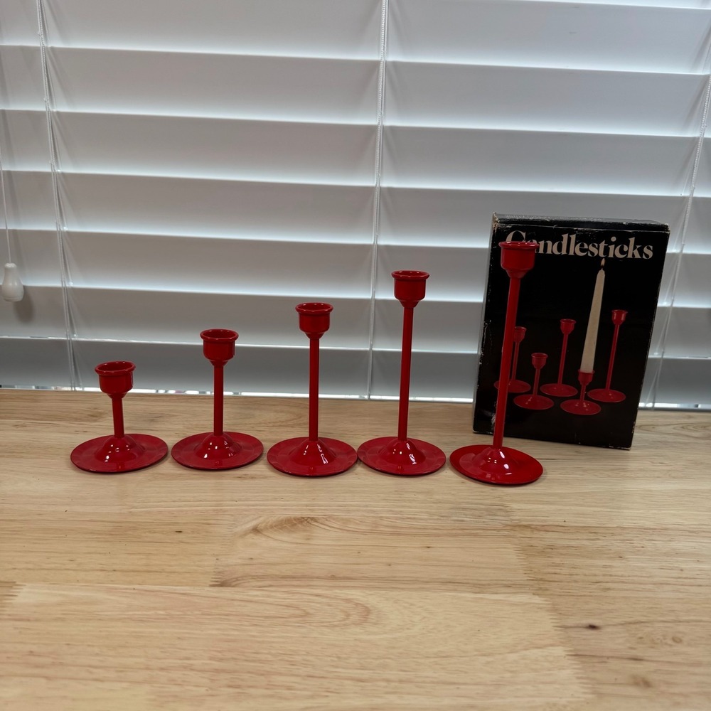 Vintage Graduated Candlesticks Red Metal Classic Taper Candle Holders Set